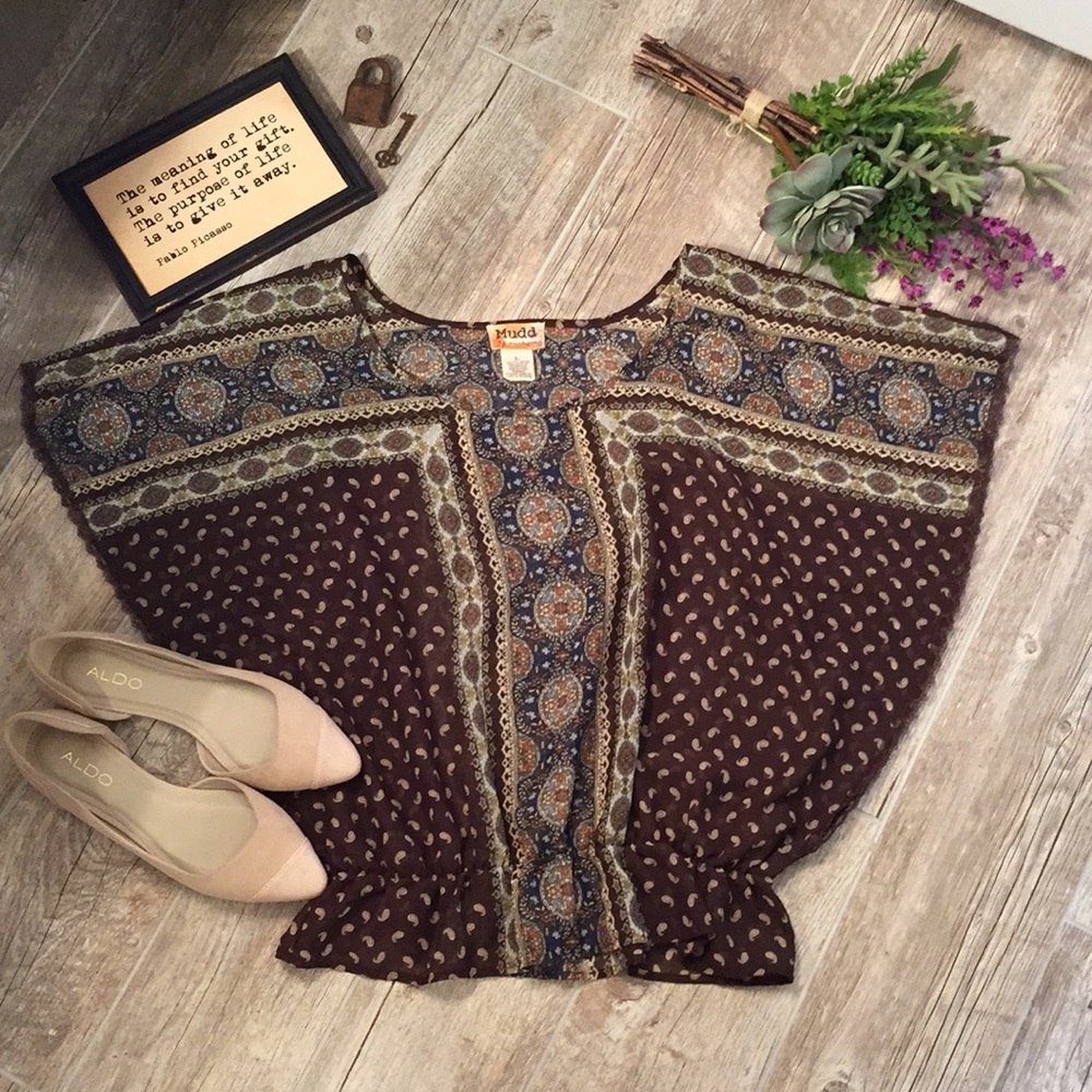 Mudd sheer brown/blue/green top like new
